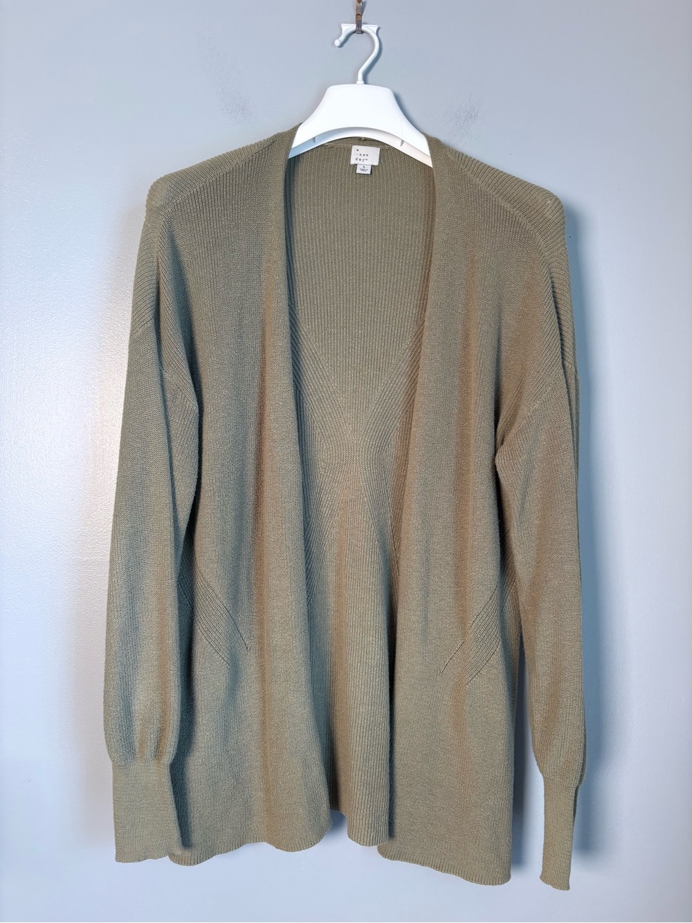 Womens Large Olive Green Fine Knit Open Front Duster Cardigan